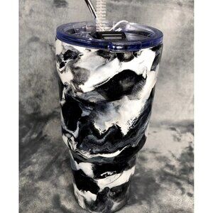 Alcohol Ink Tumbler 30oz Black/White Insulated Stainless Steel With Lid Cup